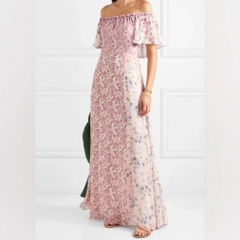 LoveShackFancy Evelyn Pink Multi Floral Maxi Silk Off the Shoulder Dress EUC 6 - Picture 3 of 11